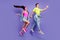 Profile photo of cheerful glad friends couple jump run wear denim pin-up outfit isolated violet color background