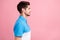 Profile photo of cute brunet young guy look empty space wear blue t-shirt isolated on pink color background