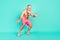 Profile photo of dancer funky old man enjoy pool party move hands wear pink shorts isolated teal color background