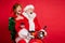Profile photo of elf santa ride moped open mouth look empty space wear x-mas costume coat cap isolated red color