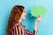 Profile photo of funky ginger hairdo millennial lady hold bubble wear colorful shirt isolated on blue color background