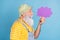 Profile photo of funny elder white beard man talk wear cap yellow t-shirt overall isolated on blue color background