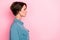 Profile photo portrait of winsome young lady look empty space focused manager wear stylish blue garment isolated on pink