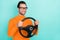 Profile photo of satisfied person steering look empty space toothy smile isolated on turquoise color background