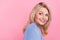 Profile photo of senior nice blond lady look promo wear blue pullover isolated on pink color background