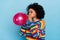 Profile photo of short hairdo lady blow balloon wear colorful pullover  on blue color background