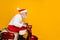 Profile photo of stylish santa white hair grandpa riding speed x-mas theme party by bike wear trendy sun specs red