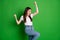 Profile photo of sweet cute girl wear casual outfit celebrating winner arms up open mouth isolated green color