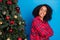 Profile photo of sweet millennial brunette lady crossed arms look tree wear red sleepwear isolated on blue color