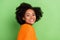 Profile photo of sweet young volume hairdo lady wear orange sweater isolated on green color background