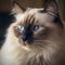 Profile portrait of a Birman cat sitting beside a window in a light room with blurred background. Closeup face of a beautiful
