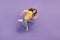 Profile portrait of cheerful crazy active lady jump run hurry sale season on purple background