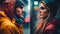 Profile portrait of couple standing face to face having problem conflict on blurred city rainy background. Psychology concept