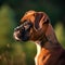 Profile portrait of a cute Boxer puppy in the nature. Boxer pup portrait on sunny summer day. Outdoor portrait of a beautiful