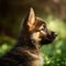 Profile portrait of a German Shepherd puppy in the nature. German Shepherd pup portrait on sunny summer day. Outdoor portrait of a
