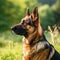 Profile portrait of a purebred german shepherd dog in the nature. German shepherd dog portrait in a sunny summer day. Outdoor