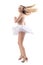 Profile of professional female dancer dancing and spinning with flowing dress and hair motion