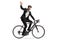 Profile shot of a businessman riding a bicycle to work and waving at camera