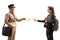 Profile shot of a mailman delivering post to a female student