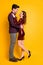 Profile side full body photo of charming spouses enjoy party dancers look isolated over yellow background