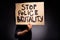 Profile side photo of afro american guy hold banner stop police brutality close cover hide head anonymous rebellion wear