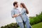 Profile side photo of good mood excited couple dancing love story celebrate anniversary honeymoon outdoors