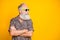 Profile side photo of modern funny funky old long bearded man traveling look forever young wearing green eyeglasses