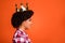 Profile side photo of proud lady look empty space being prom party queen wear gold tiara isolated shine color background