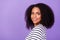 Profile side photo of smiling cheerful stunning charming woman wear striped pullover isolated on purple color background