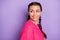 Profile side photo of stunning attractive young lady look empty space dream isolated on purple color background