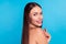 Profile side photo of stunning good looking lady scrubbing bare shoulders showering isolated on blue color background