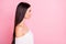 Profile side photo of young attractive good looking calm peaceful girl with long brown silky hair  on pink color