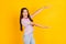 Profile side photo of young girl amazed shocked surprised show hands big huge size isolated over yellow color background
