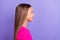 Profile side photo of young happy joyful small girl look empty space smile isolated on violet color background