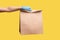 Profile side view closeup of human hand in blue surgical gloves holding and craft paper packet with food. safe food delivery