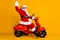 Profile side view of his he nice funny cheerful cheery white-haired Santa riding moped fast speed hurry up rush having