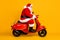 Profile side view of his he nice funny fat thick overweight white-haired Santa riding motor bike hurry rush shopping