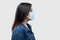 Profile side view portrait of calm serious beautiful brunette asian young woman with surgical medical mask in blue jacket standing