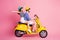 Profile side view portrait of his he her she nice attractive lovely cheerful cheery glad couple riding moped having fun