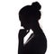 Profile silhouette of a pensive girl with a hand at the chin, a young woman lowered her head down on a white isolated background