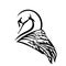 Profile swan bird head and stylized wing black and white vector outline