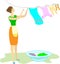 Profile of a sweet lady. The girl washed her clothes and hung them on the rope to dry. A woman is neat and a good housewife.