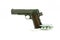 Profile view of isolated semi-automatic airsoft handgun with bullets and gas container. Replica of real handgun on white backgroun