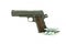 Profile view of isolated semi-automatic airsoft handgun with gas container. Replica of real handgun on white background.