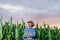 profile view of a man farmer standing in cultivated corn crops field