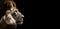 Profile of White Lamb and Lion Isolated on Black Background