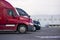 Profiles semi trucks modern color red blue on parking lot