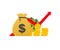 Profit money or budget. Pile of paper cash and rising graph arrow up, concept of business success. Vector illustration.