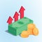 Profit money or budget vector illustration, flat cartoon pile of paper cash and rising graph arrow up