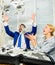Profit and richness concept. Celebrate profit. Easy profit business tips. Man and woman cheerful happy colleagues throw